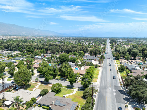 Obraz na płótnie Aerial view of Upland city in San Bernardino County, California, on the border with neighboring Los Angeles County. w salonie