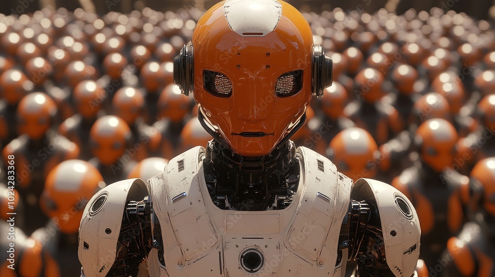 A single humanoid robot stands at the front of a crowd of other robots, looking directly at the viewer. A single humanoid robot stands at the front of a crowd of other robots, looking directly at the viewer.
