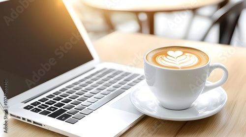 Flat design of a freelancer or remote worker sitting at a cafe or coworking space working on a laptop with a cup of coffee on the desk Representing the modern flexible and productive work lifestyle