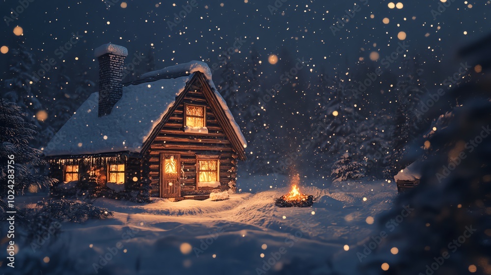 Fototapeta premium A cozy cabin glows warmly in a snowy forest at night.