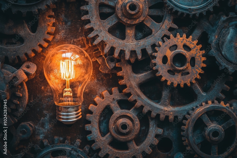 Illuminating Ideas: A Glowing Light Bulb Among Rusty Gears Illuminating Ideas: A Glowing Light Bulb Among Rusty Gears