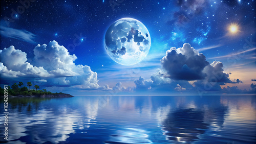 serene and romantic nighttime scene with a full moon illuminating clouds, a starry sky, and shimmering blue water