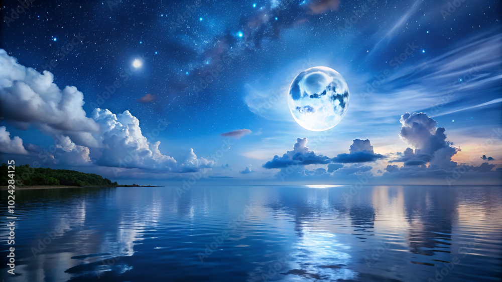 serene and romantic nighttime scene with a full moon illuminating clouds, a starry sky, and shimmering blue water serene and romantic nighttime scene with a full moon illuminating clouds, a starry sky, and shimmering blue water