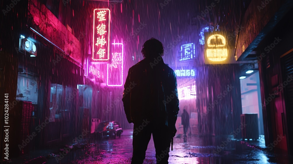 A lone figure stands in a cyberpunk alleyway under neon lights and rain. A lone figure stands in a cyberpunk alleyway under neon lights and rain.