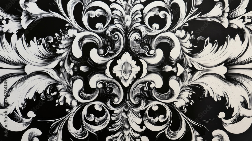 Artwork featuring ornamental designs in contrasting black and white tones Artwork featuring ornamental designs in contrasting black and white tones