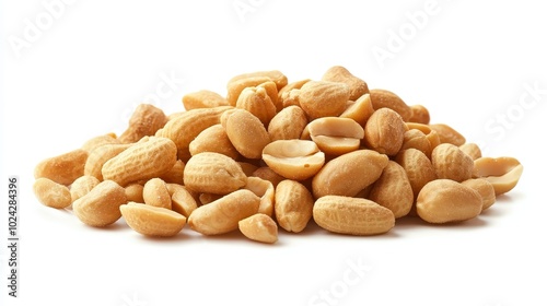 A pile of lightly salted roasted peanuts with a warm golden hue, isolated on a smooth white background, minimalist aesthetic, highly detailed textures