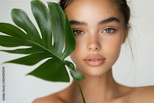 A tranquil portrait of a girl with luminous skin holding a tropical leaf indoors photo