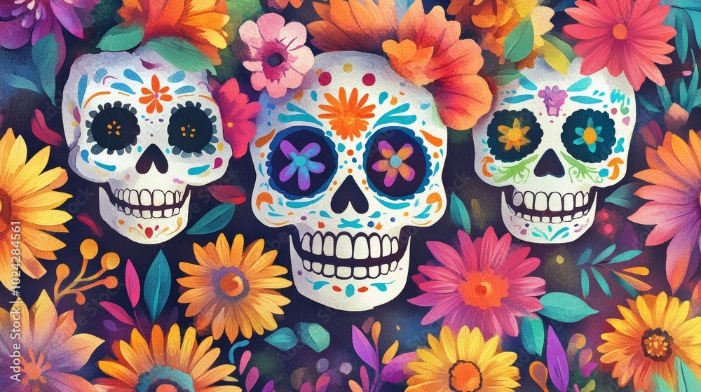 Brightly decorated Day of the Dead skulls surrounded by colorful flowers, capturing the essence of Mexican cultural celebration. Brightly decorated Day of the Dead skulls surrounded by colorful flowers, capturing the essence of Mexican cultural celebration.
