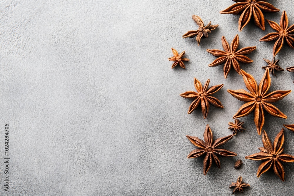 Star anise spice scattered on gray textured background