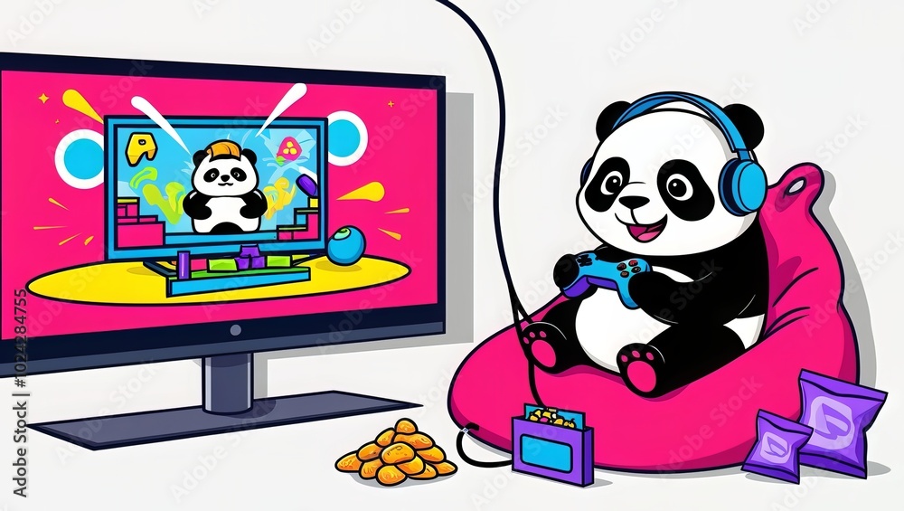 Fototapeta premium Cute panda vector illustration playing games
