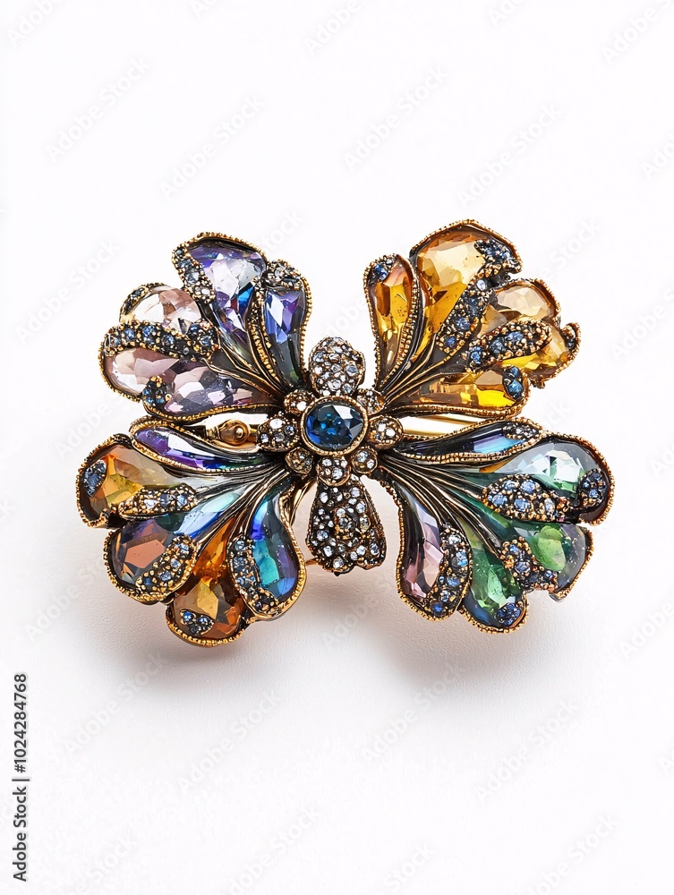 Fototapeta premium An exquisite vintage brooch featuring intricate patterns and shimmering stones, set against a pristine backdrop.