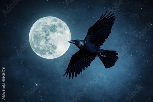 A black raven soars across a bright full moon on a clear night sky
