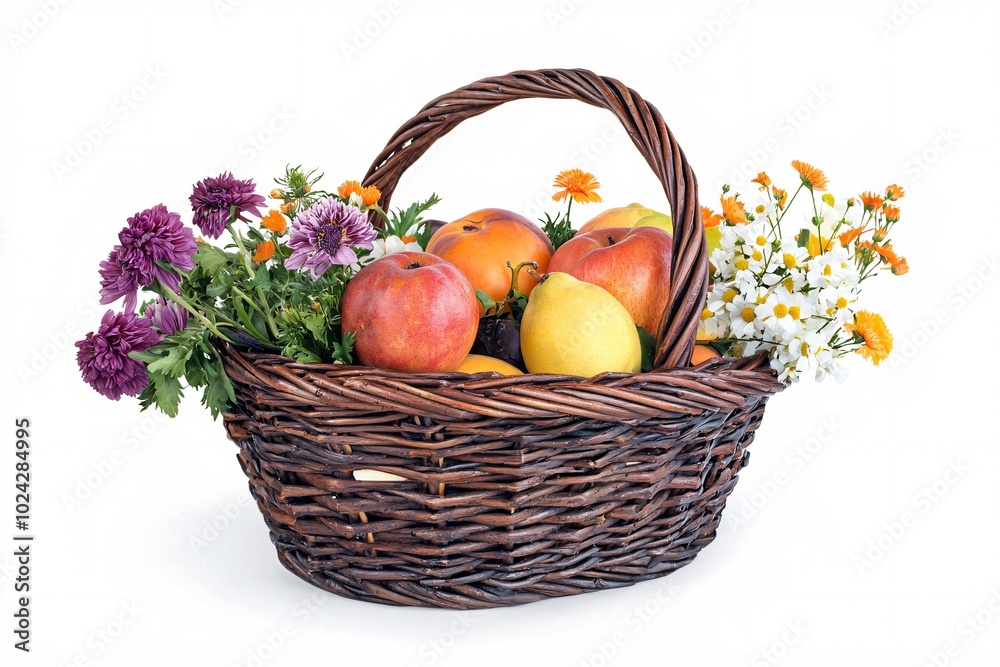 A charming basket brimming with vibrant fruits and blossoms, highlighting the allure of nature's bounty against a clean backdrop. A charming basket brimming with vibrant fruits and blossoms, highlighting the allure of nature's bounty against a clean backdrop.