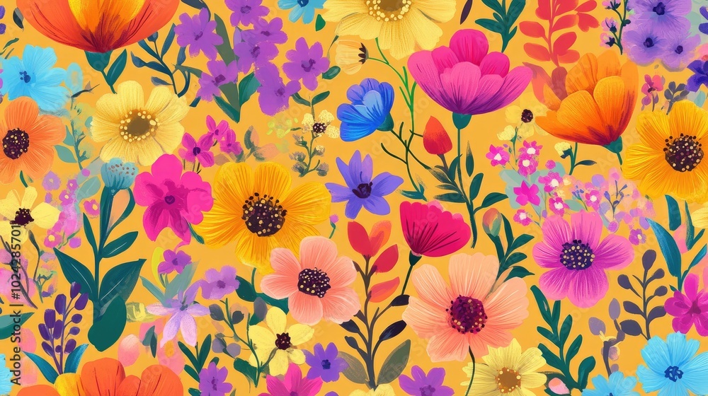 A seamless pattern featuring various fantasy flowers in an abstract style against a vibrant backdrop ideal for a colorful 2D cartoon floral design Perfect for summer and spring themes A seamless pattern featuring various fantasy flowers in an abstract style against a vibrant backdrop ideal for a colorful 2D cartoon floral design Perfect for summer and spring themes