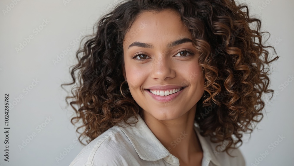 Close up studio shot of beautiful young mixed race woman model with curly dark hair looking at camera with charming cute smile while posing against white blank copy space wall for your content Close up studio shot of beautiful young mixed race woman model with curly dark hair looking at camera with charming cute smile while posing against white blank copy space wall for your content