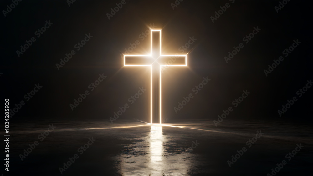 A glowing cross stands in darkness, representing faith. A glowing cross stands in darkness, representing faith.