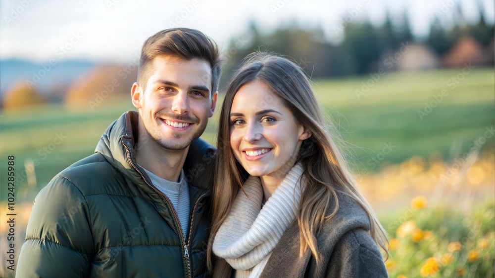 Happy Young Couple in a Winter Meadow with Green and Yellow Grass
Happy Young Couple in a Winter Meadow with Green and Yellow Grass