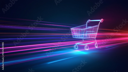 a shopping cart against a dark backdrop with light trails of blue, pink, and red