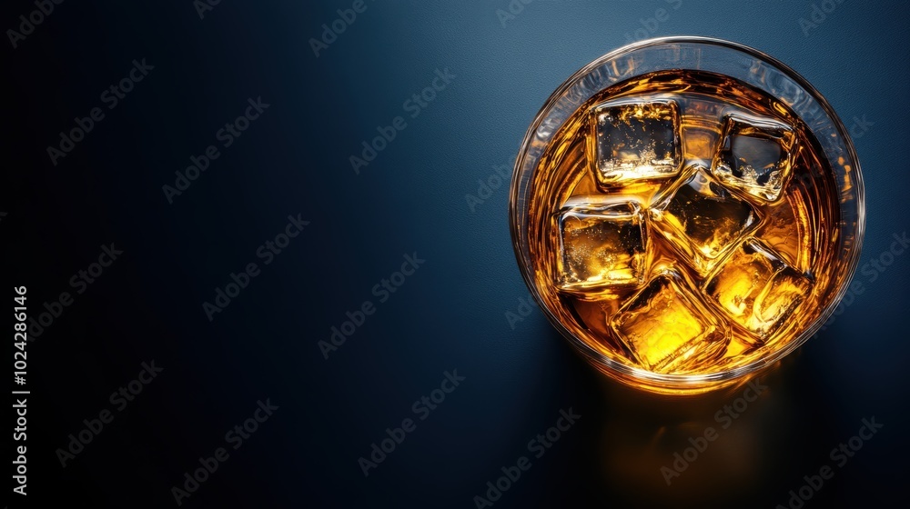 Close-up of golden whiskey with ice in glass on dark background Close-up of golden whiskey with ice in glass on dark background