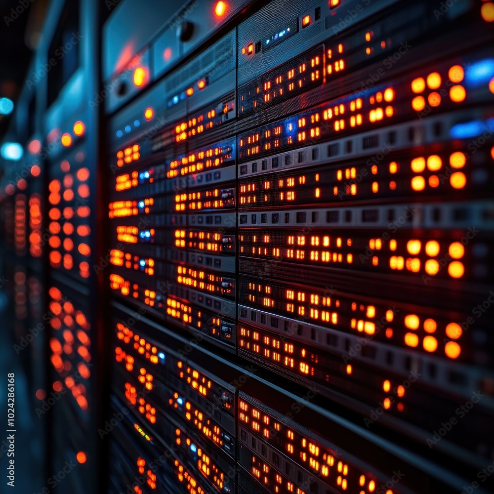 Rows of servers with blinking lights in a server room. Rows of servers with blinking lights in a server room.