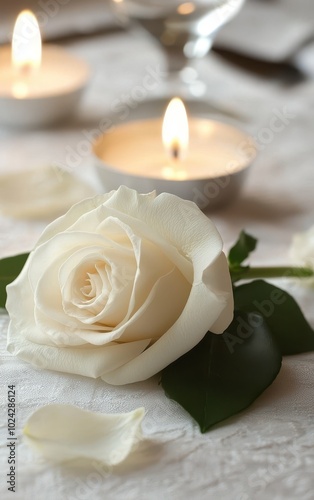 Elegant white rose with petals and candles on a soft table background.