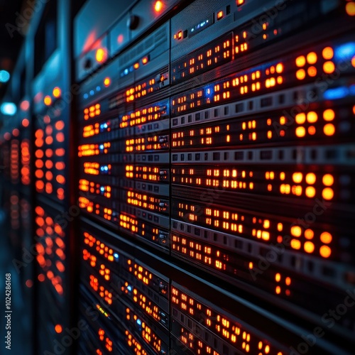 Rows of servers with blinking lights in a server room.