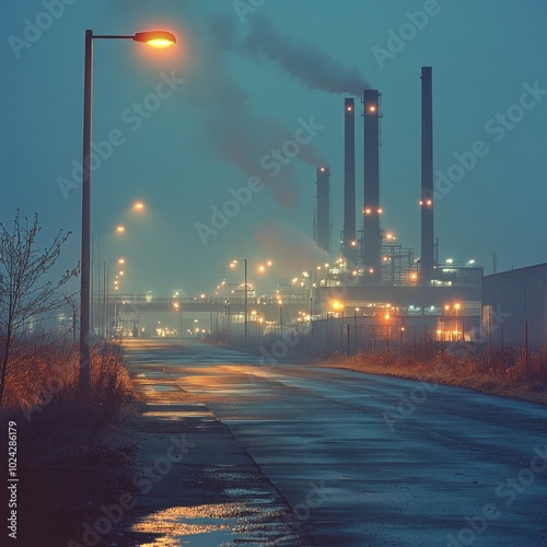 A road leads towards a large industrial complex with tall smokestacks emitting smoke into the night sky. The scene is lit by streetlights and the faint glow of the factory lights.