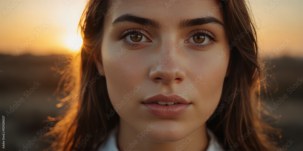 Confident young woman with brown eyes during sunset Confident young woman with brown eyes during sunset