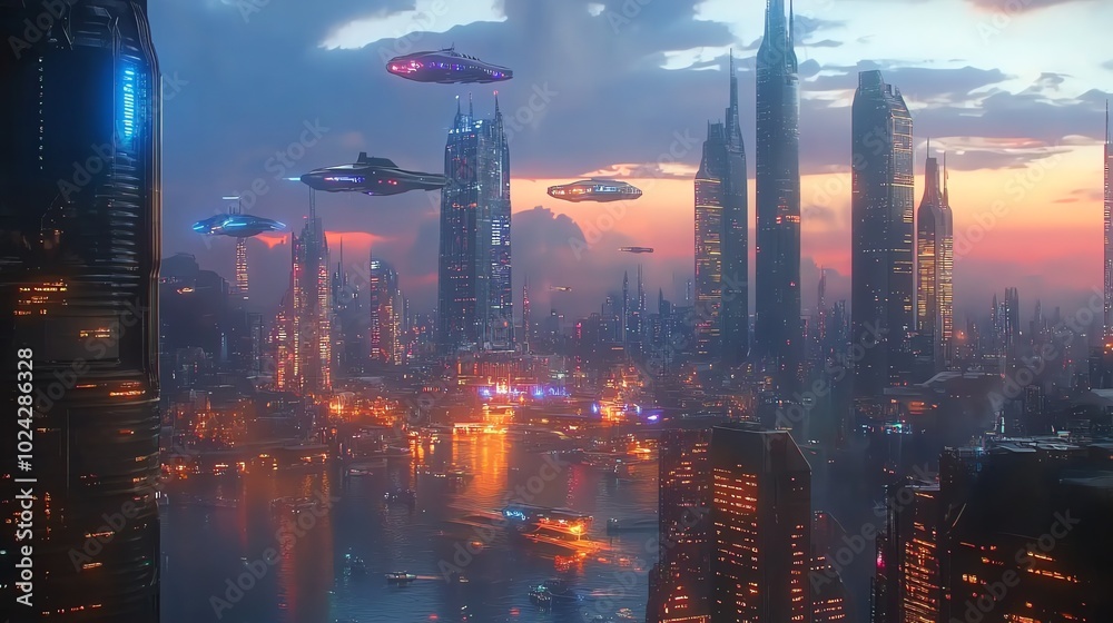 Fototapeta premium Futuristic cityscape with flying vehicles at sunset.