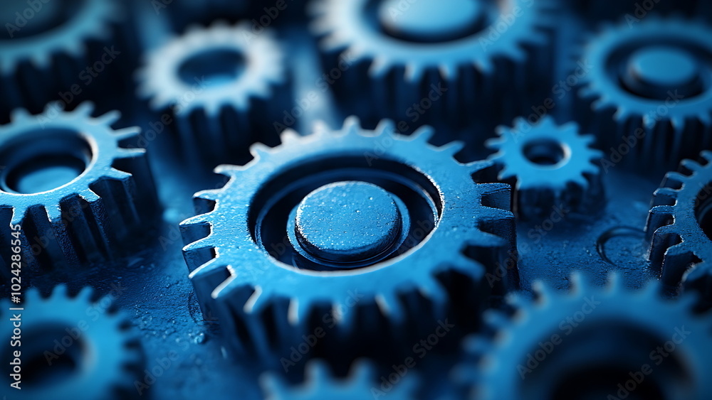Many blue gears are tightly packed together. Many blue gears are tightly packed together.