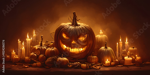 Halloween holiday decorations and hand-painted pumpkins with a Halloween atmosphere