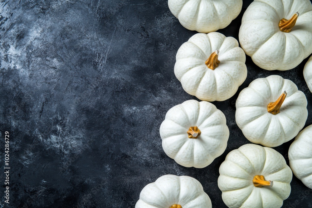 White mini pumpkins on dark textured background White mini pumpkins on dark textured background