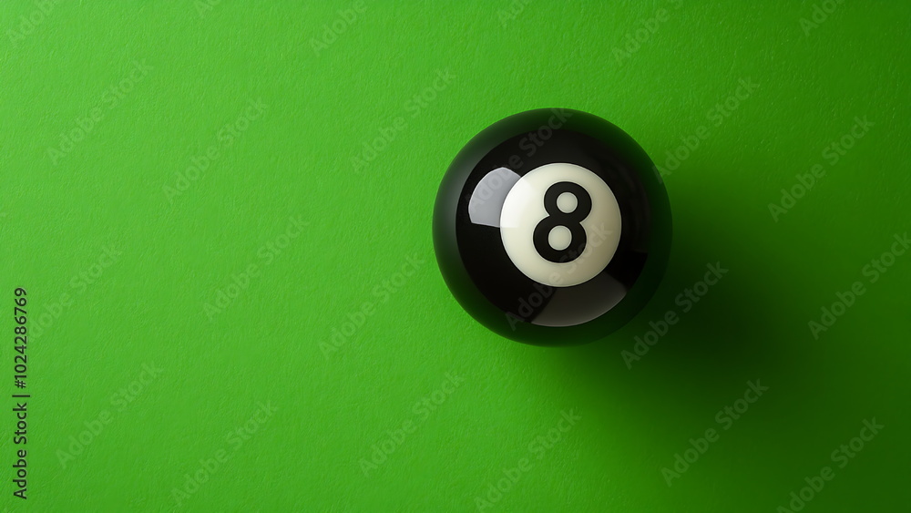 A black pool ball with the number eight on it sits on a green surface. A black pool ball with the number eight on it sits on a green surface.