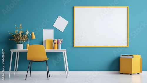 A bright blue room with a blank whiteboard