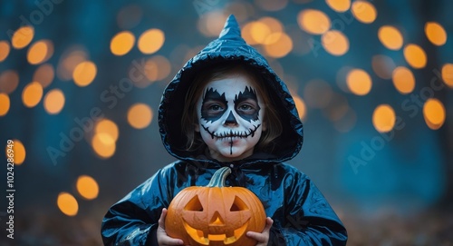 Cute Halloween costumed child on a blue background