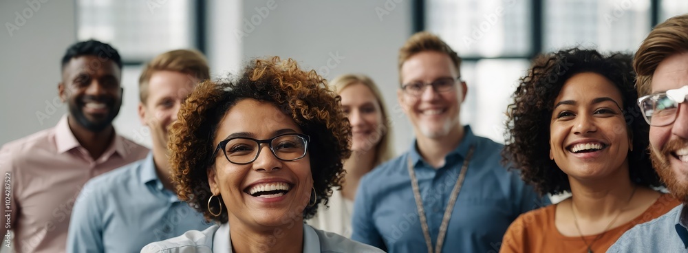 Obraz premium Diverse and inclusive group of office colleagues smiling at a team building workshop event, workplace race inclusion and diversity concept