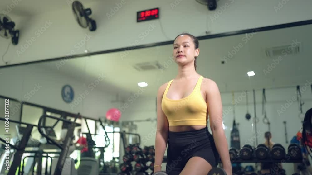 A woman in a yellow tank top is doing a push up in a gym. The time is displayed on the wall behind her A woman in a yellow tank top is doing a push up in a gym. The time is displayed on the wall behind her