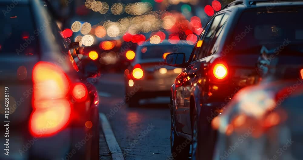 Cropped photo of a line of cars on highway in traffic jam on city street road at night time