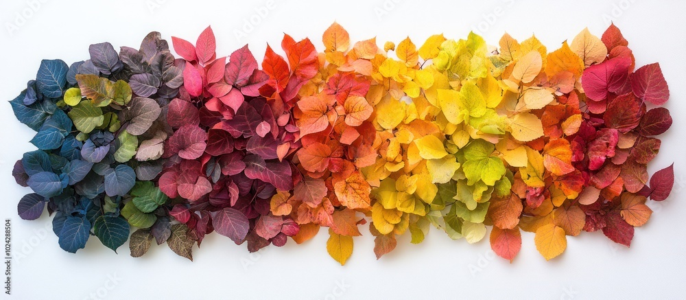 A rainbow of autumn leaves arranged in a gradient pattern against a white background. A rainbow of autumn leaves arranged in a gradient pattern against a white background.