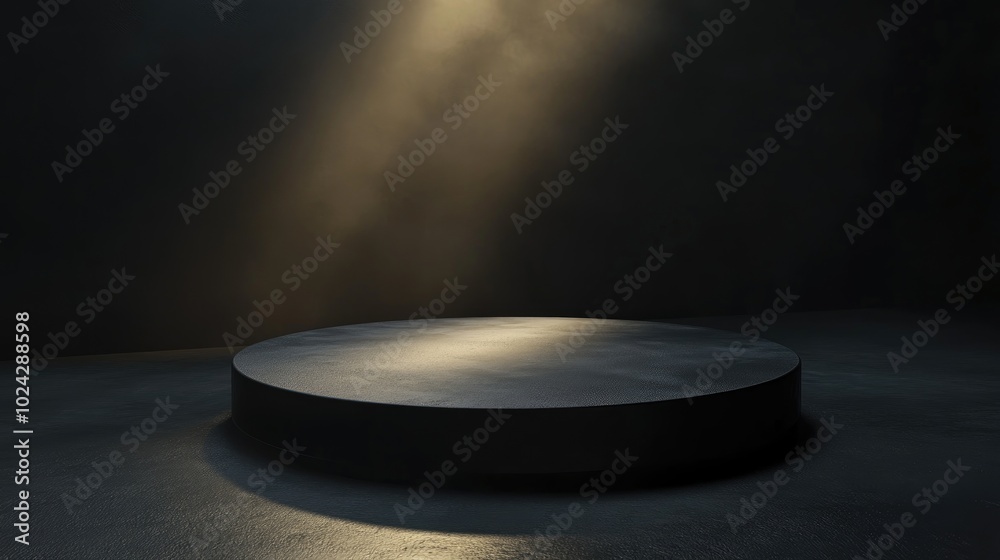 3D render of a minimalist round matte black table top set against a dark backdrop with a spotlight ideal for showcasing men s products Space for templates presentations and exhibitions 3D render of a minimalist round matte black table top set against a dark backdrop with a spotlight ideal for showcasing men s products Space for templates presentations and exhibitions
