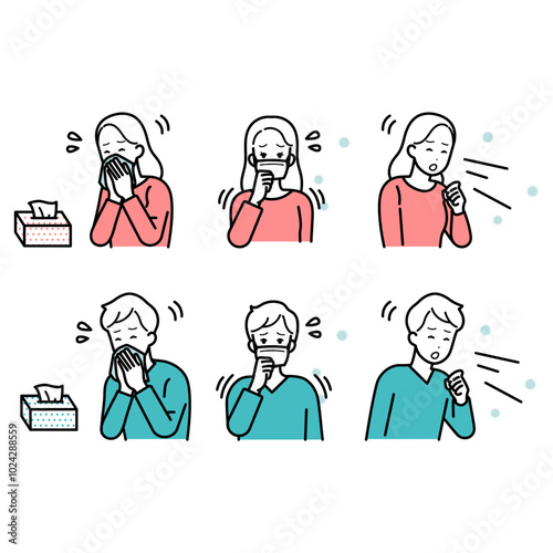 set of illustrations of man and woman who are sick.