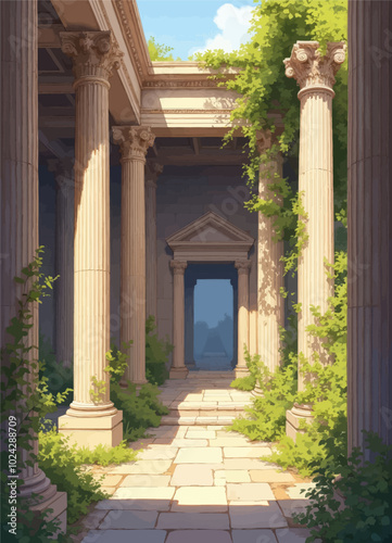 Ancient Ruins: Overgrown Pillars and Mystical Doorway
