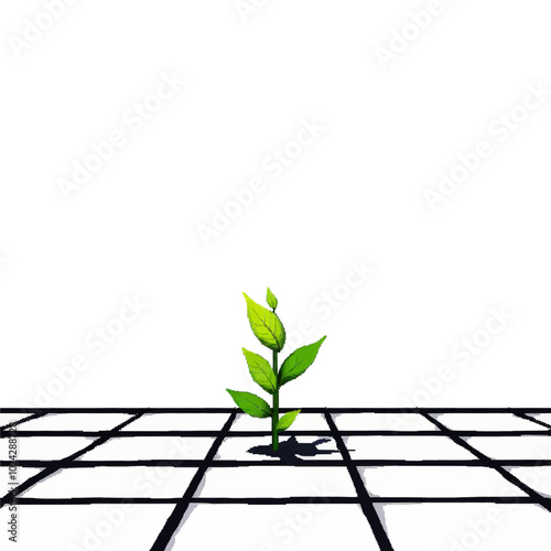 A lone green plant sprout emerging from a tile floor, symbolizing growth and resilience.