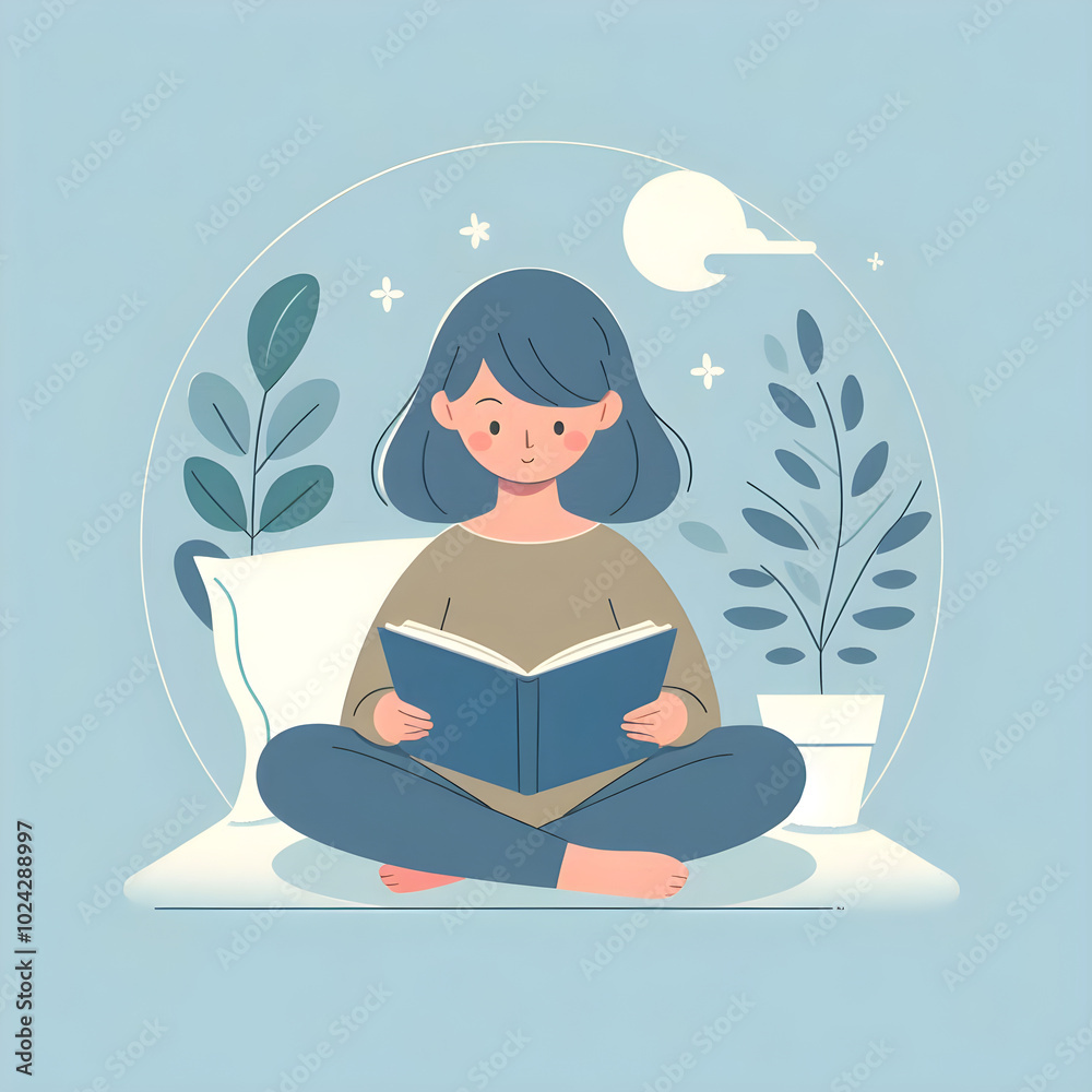 Young woman enjoying a book in cozy bedtime setting