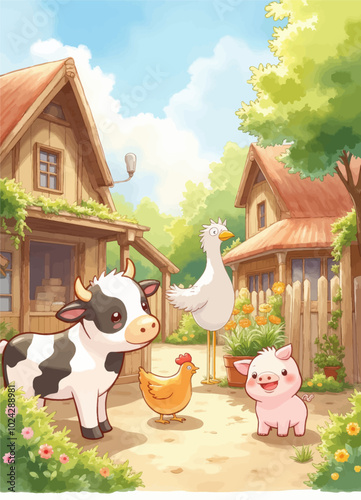 A Farmyard Scene with Cow, Chicken, Goose, and Pig