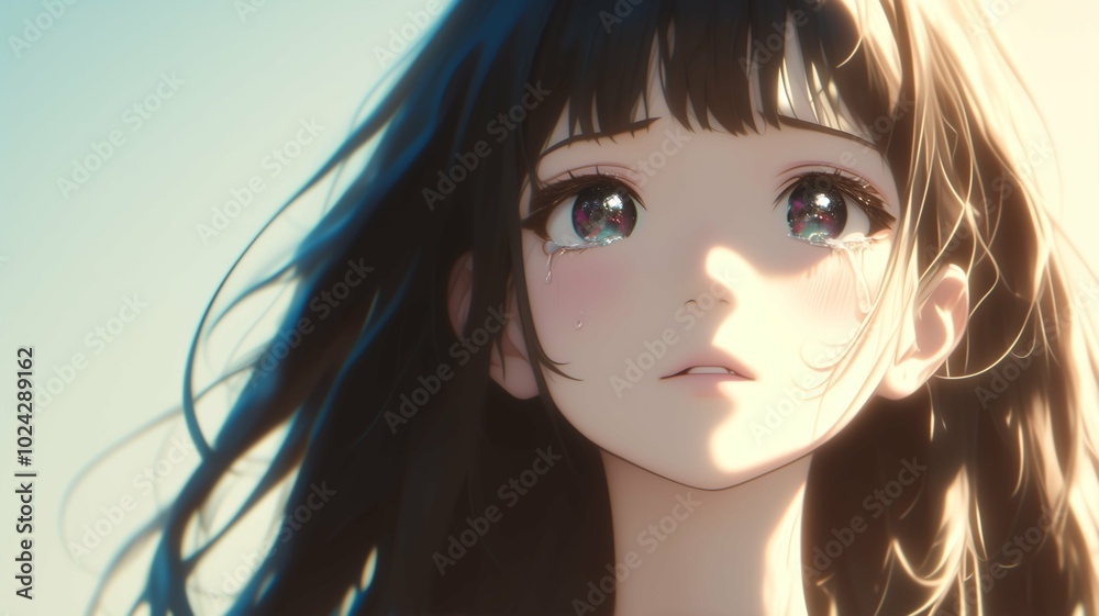 涙を流すアニメ調の日本人美少女