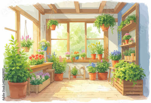 Bright Conservatory with Potted Plants and Flowers