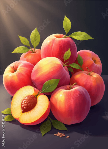 Bright red peaches with green leaves on gray background
