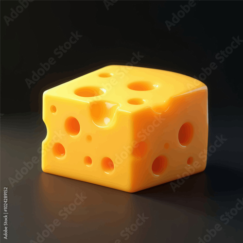 Bright Yellow Cheese Cube with Holes on Dark Background