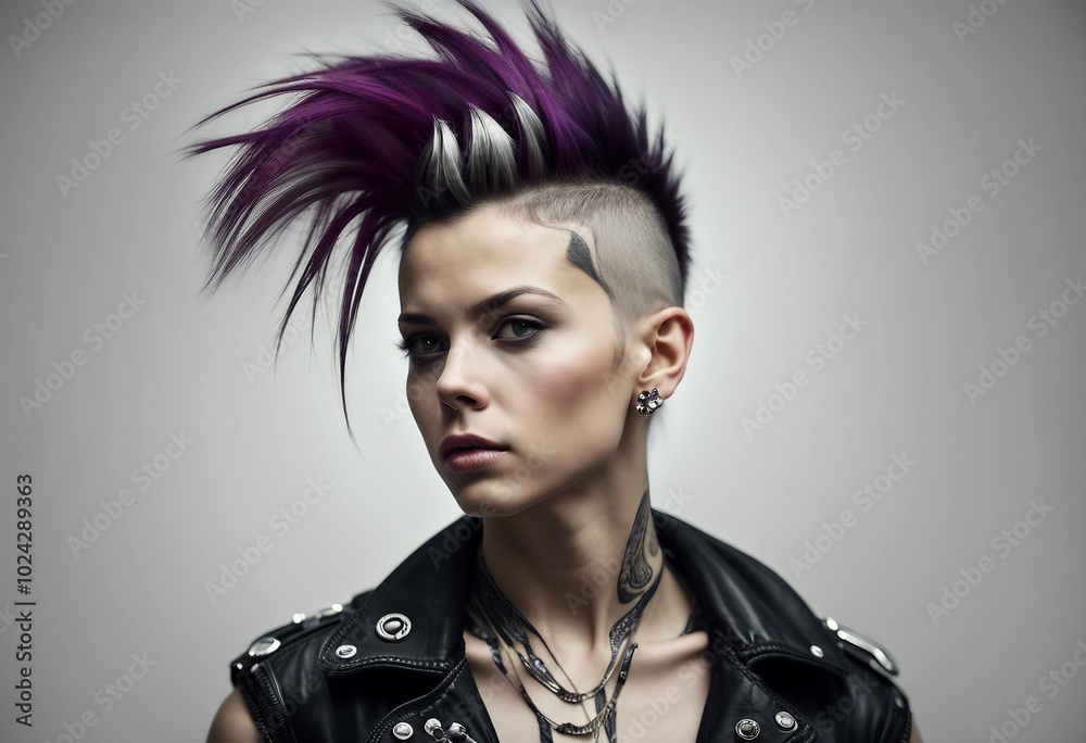 Portrait of a girl in a punk outfit with shaved-side hair, isolated white background. Portrait of a girl in a punk outfit with shaved-side hair, isolated white background.